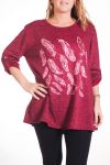 GRANDE TAILLE PULL IMPRIME PLUMES 4343 BORDEAUX