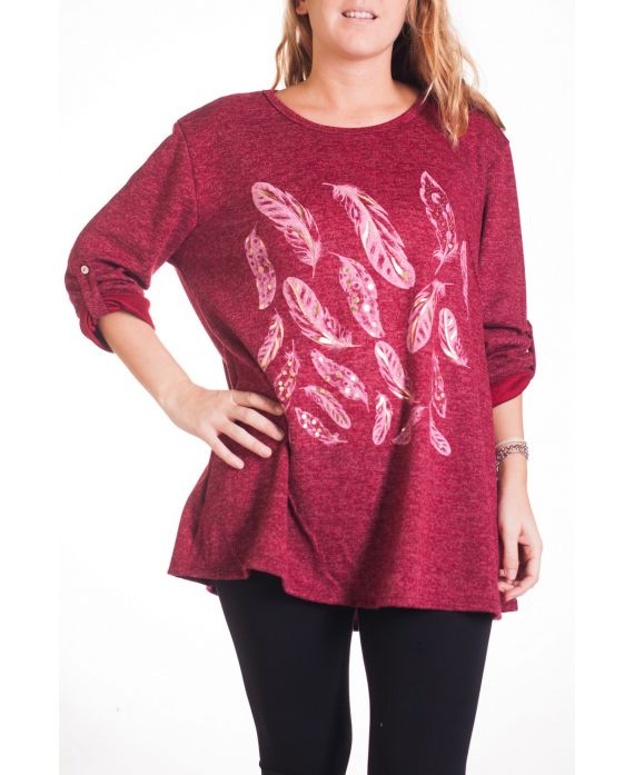 GRANDE TAILLE PULL IMPRIME PLUMES 4343 BORDEAUX