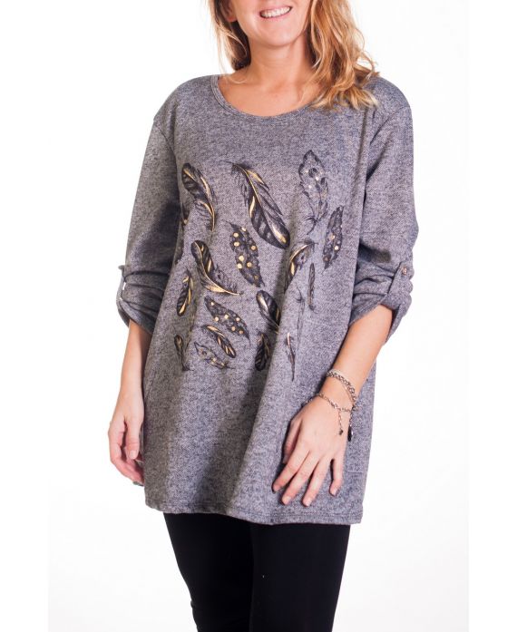 LARGE SIZE SWEATER PRINTS FEATHERS 4343 GREY