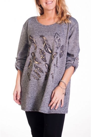 LARGE SIZE SWEATER PRINTS FEATHERS 4343 GREY