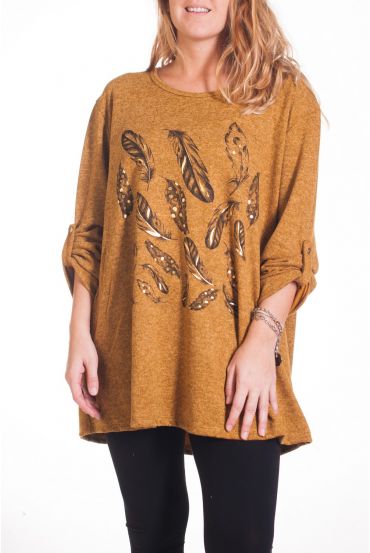LARGE SIZE SWEATER PRINTS FEATHERS 4343 MUSTARD
