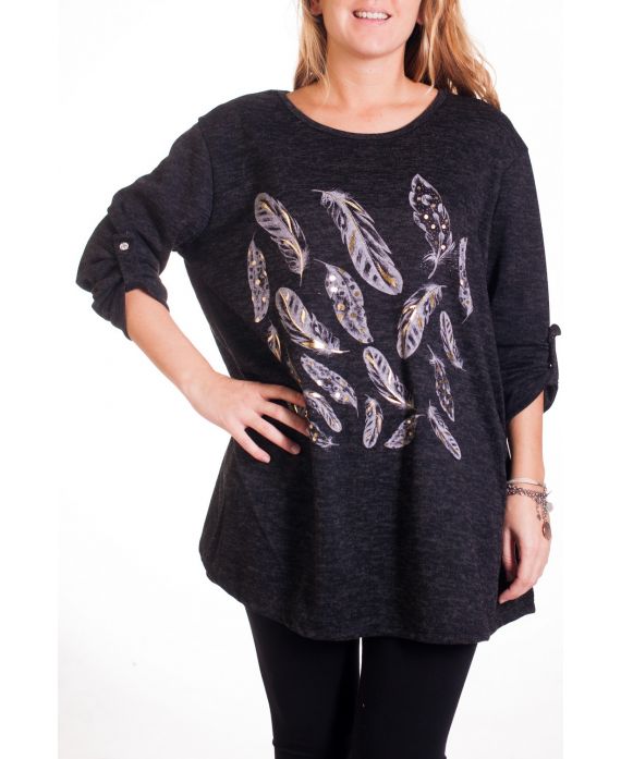 GRANDE TAILLE PULL IMPRIME PLUMES 4343 NOIR