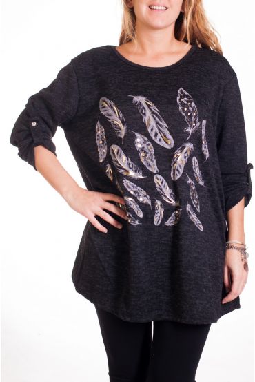 LARGE SIZE SWEATER PRINTS FEATHERS 4343 BLACK