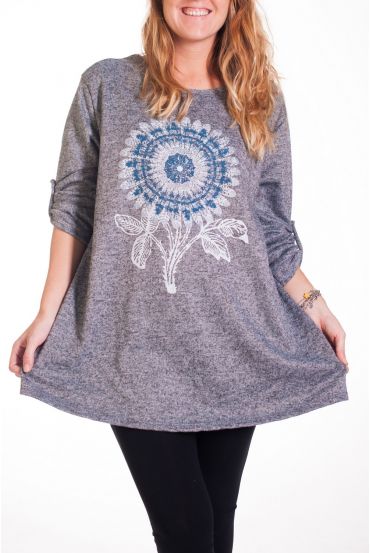 GRANDE TAILLE PULL IMPRIME FLEUR 4342 GRIS