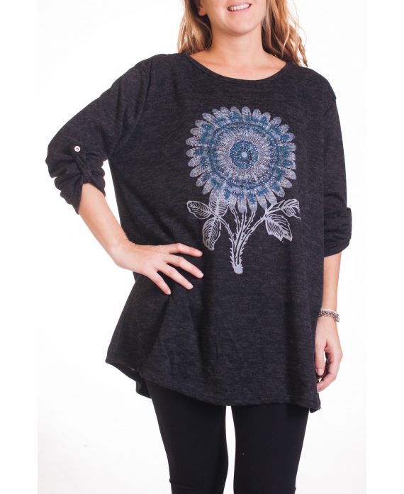 LARGE SIZE SWEATER PRINT FLOWER 4342 BLACK