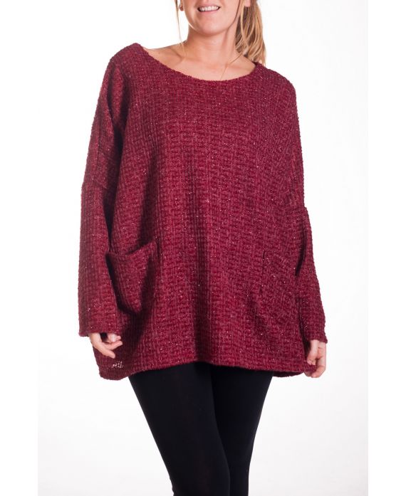 GRANDE TAILLE PULL TUNIQUE 2 POCHES EFFET BRILLANT 4335 BORDEAUX