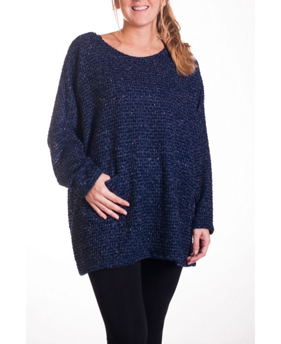 GRANDE TAILLE PULL TUNIQUE 2 POCHES EFFET BRILLANT 4335 MARINE