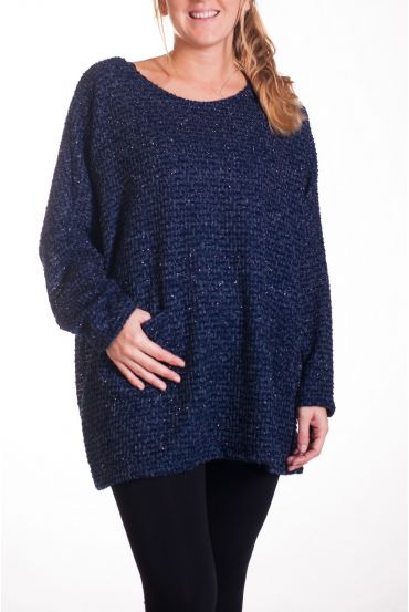 GRANDE TAILLE PULL TUNIQUE 2 POCHES EFFET BRILLANT 4335 MARINE