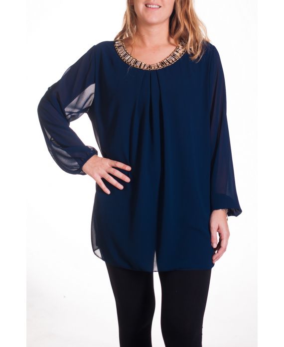 GROOT FORMAAT HALS BLOUSE FANCY 4327 NAVY BLAUW