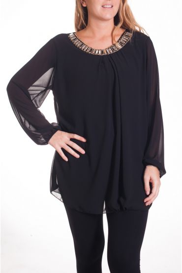 GRANDE TAILLE BLOUSE ENCOLURE FANTAISIE 4327 NOIR