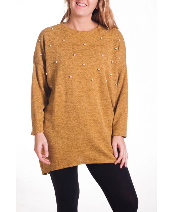 GRANDE TAILLE PULL TUNIQUE PERLES 4329 MOUTARDE