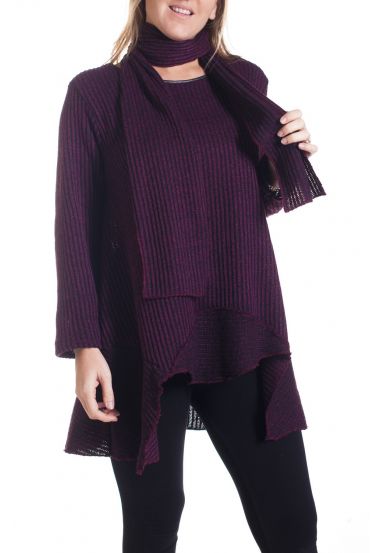 GRANDE TAILLE PULL TUNIQUE + ECHARPE 4351 BORDEAUX