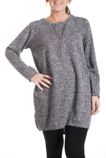 GRANDE TAILLE PULL TUNIQUE ENCOLURE ZIP FANTAISIE 4350 GRIS