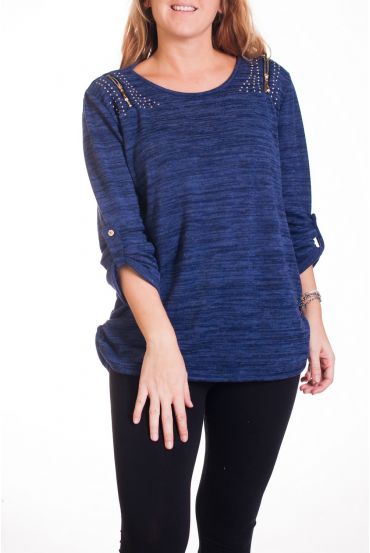 GRANDE TAILLE PULL EPAULES CLOUTEES 4341 BLEU