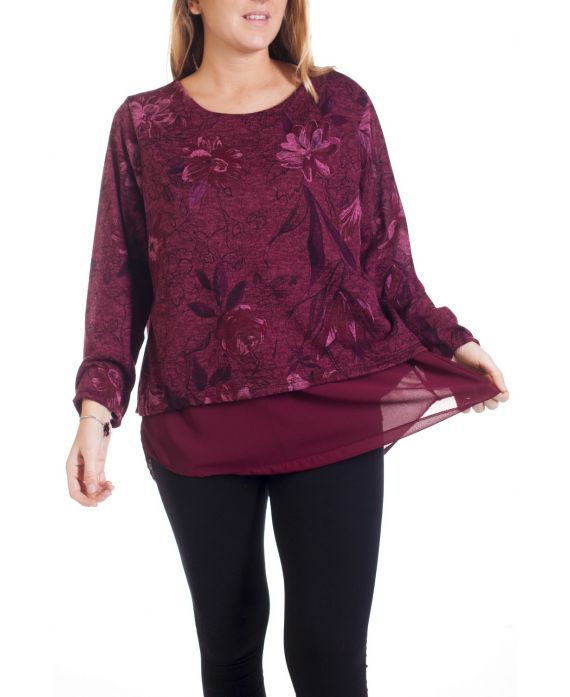 GRANDE TAILLE PULL FLEUR SUPERPOSITION 4315 BORDEAUX