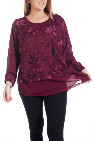 GRANDE TAILLE PULL FLEUR SUPERPOSITION 4315 BORDEAUX