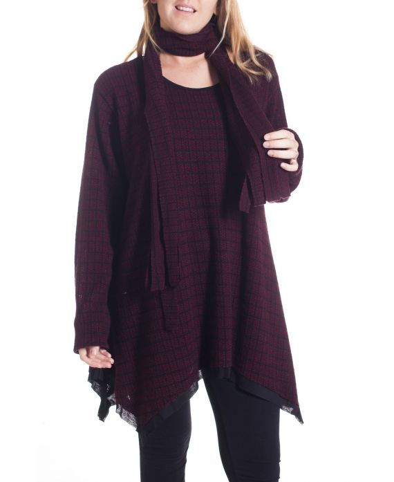 GRANDE TAILLE PULL TUNIQUE + ECHARPE 4299 BORDEAUX