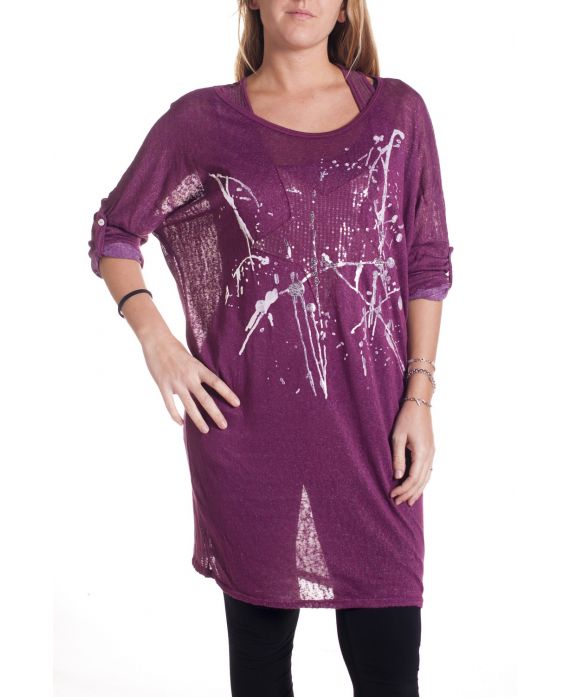 GRANDE TAILLE T-SHIRT LONG PAILLETTES 2 PIECES 4298 BORDEAUX