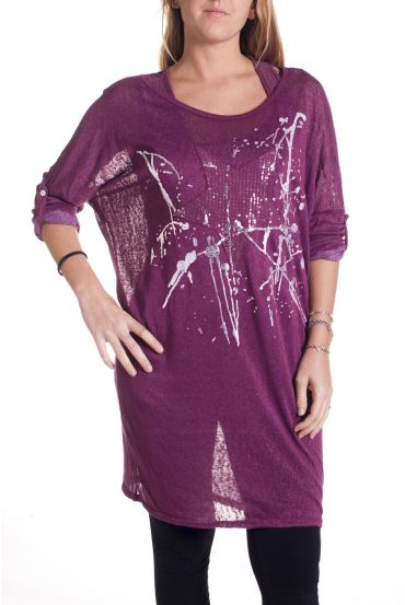 GRANDE TAILLE T-SHIRT LONG PAILLETTES 2 PIECES 4298 BORDEAUX