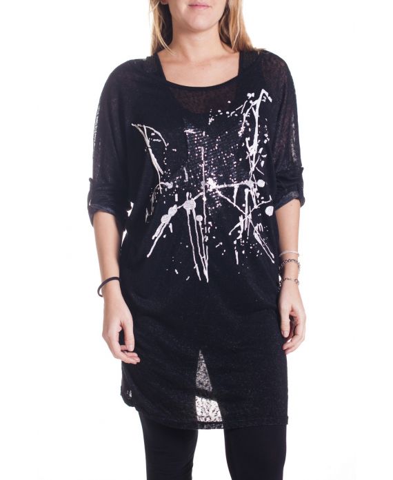 GRANDE TAILLE T-SHIRT LONG PAILLETTES 2 PIECES 4298 NOIR