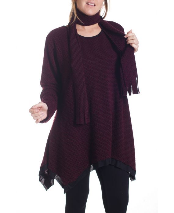 GRANDE TAILLE PULL TUNIQUE + ECHARPE 4297 BORDEAUX