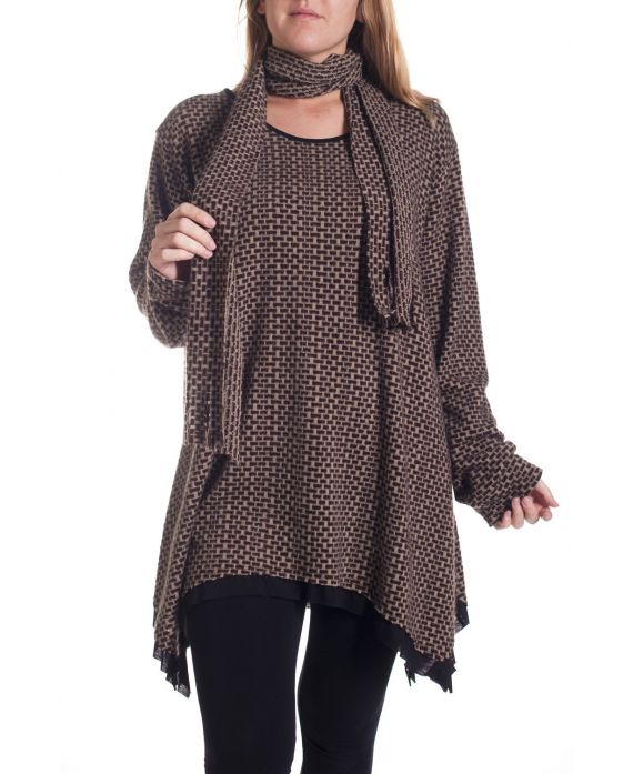 GRANDE TAILLE PULL TUNIQUE + ECHARPE 4297 TAUPE