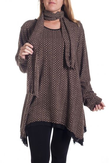 GRANDE TAILLE PULL TUNIQUE + ECHARPE 4297 TAUPE