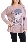 GRANDE TAILLE PULL IMPRIME FEMME 4291 ROSE