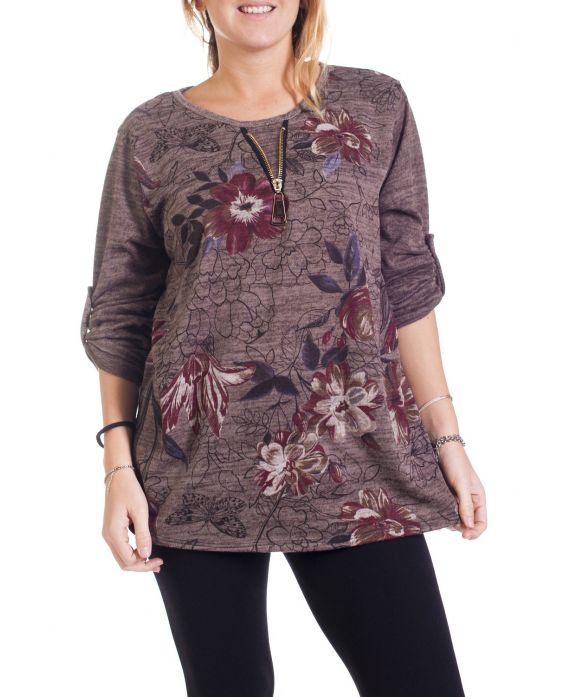 GRANDE TAILLE PULL IMPRIME ZIPPE 4290 TAUPE