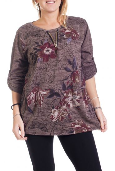 GRANDE TAILLE PULL IMPRIME ZIPPE 4290 TAUPE