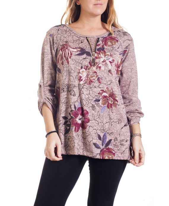 GRANDE TAILLE PULL IMPRIME ZIPPE 4290 ROSE