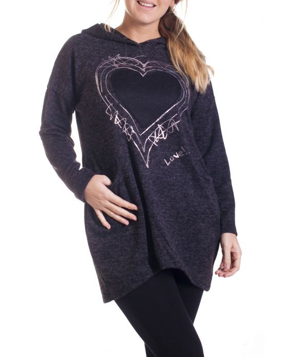 GRANDE TAILLE PULL TUNIQUE CŒUR 4285 NOIR