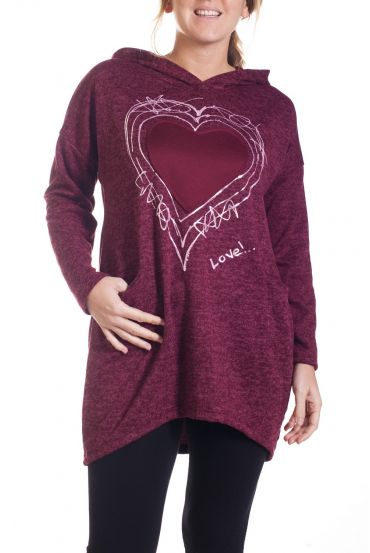 DI GRANDI DIMENSIONI MAGLIONE TUNICA CUORE 4285 BORDEAUX