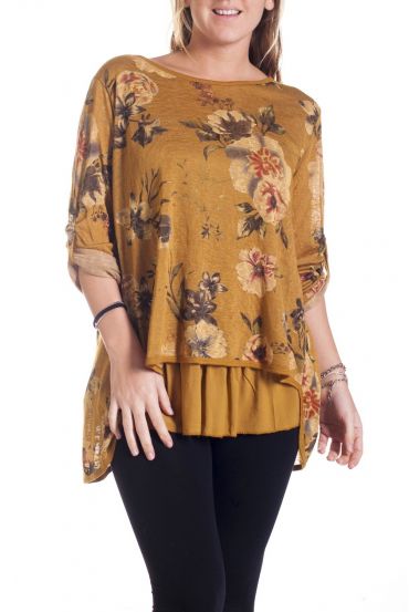 LARGE SIZE TUNIC FLOWERS SUPERPOSEE 4352 MUSTARD