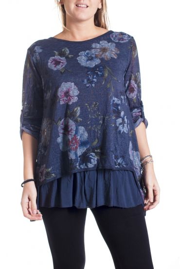 LARGE SIZE TUNIC FLOWERS SUPERPOSEE 4352 BLUE