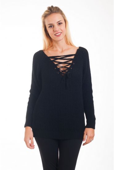 PULLOVER SCOLLO IN PIZZO-UP 4287 NERO