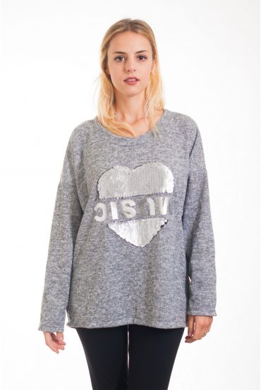 PULL CŒUR PAILLETTES 4288 GRIS