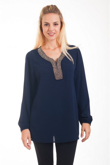 BLOUSE ENCOLURE FANTAISIE 4323 BLEU MARINE