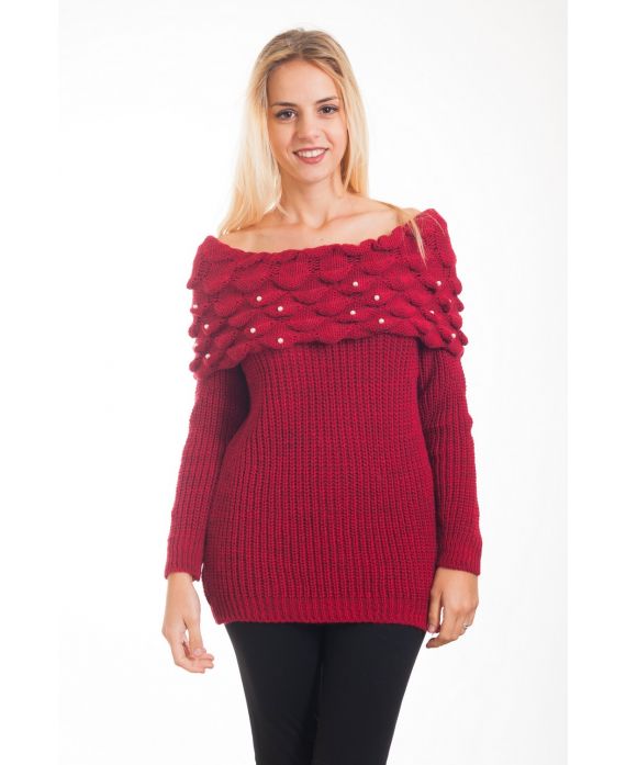 PULL COL TOMBANT PERLES MOHAIR 4358 BORDEAUX