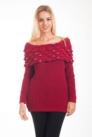 MAGLIA CON SCOLLO A CADERE PERLE 4358 BORDEAUX