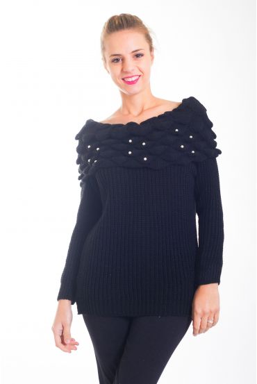 MAGLIA CON SCOLLO A CADERE PERLE 4358 NERO