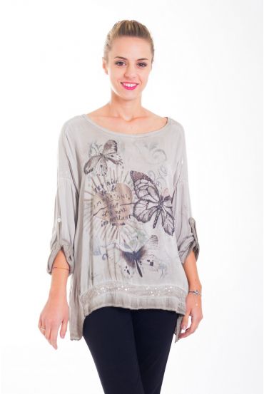 T-SHIRT DE LA MARIPOSA DE LENTEJUELAS 4423 BEIGE