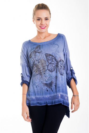 T-SHIRT DE LA MARIPOSA DE LENTEJUELAS 4423 AZUL