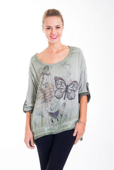 T-SHIRT PAPILLON PAILLETTES 4423 VERT MILITAIRE