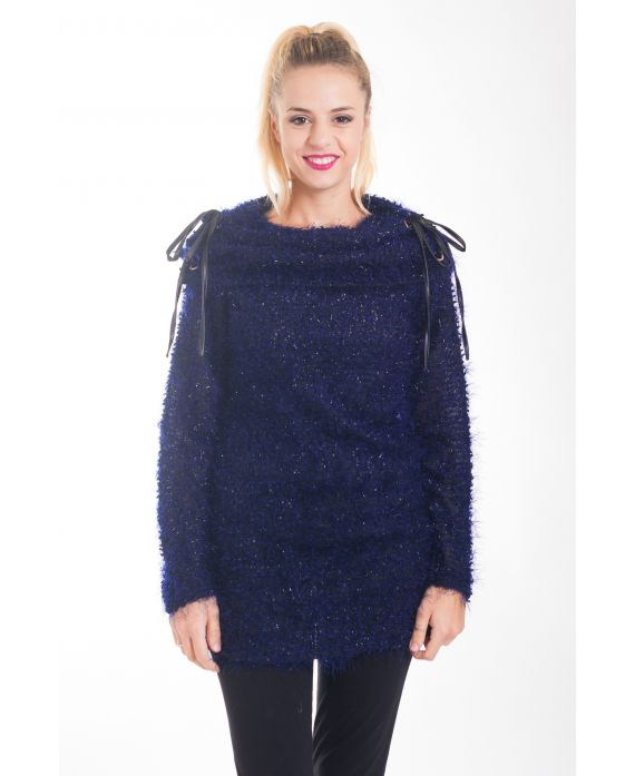 PULL EFFET BRILLANT COL A LACETS 4433 BLEU MARINE