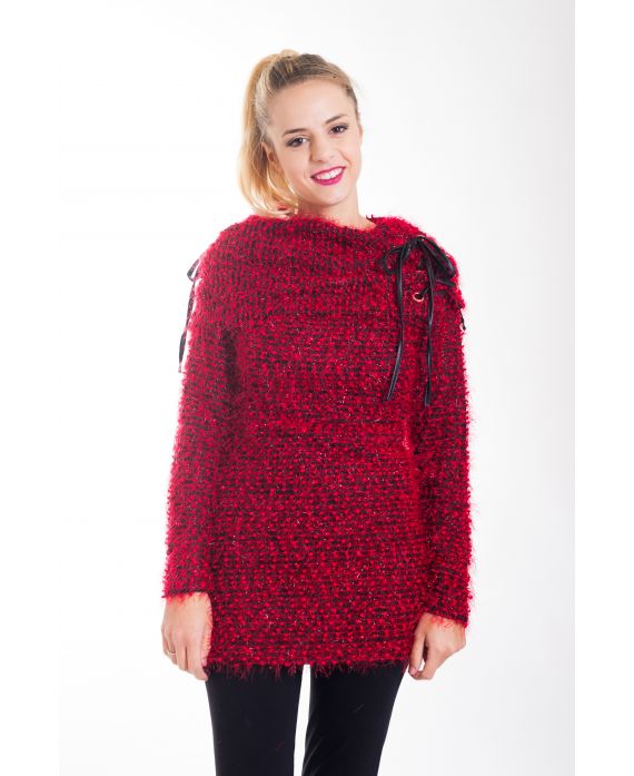 PULL EFFET BRILLANT COL A LACETS 4433 ROUGE