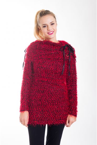 PULL EFFET BRILLANT COL A LACETS 4433 ROUGE