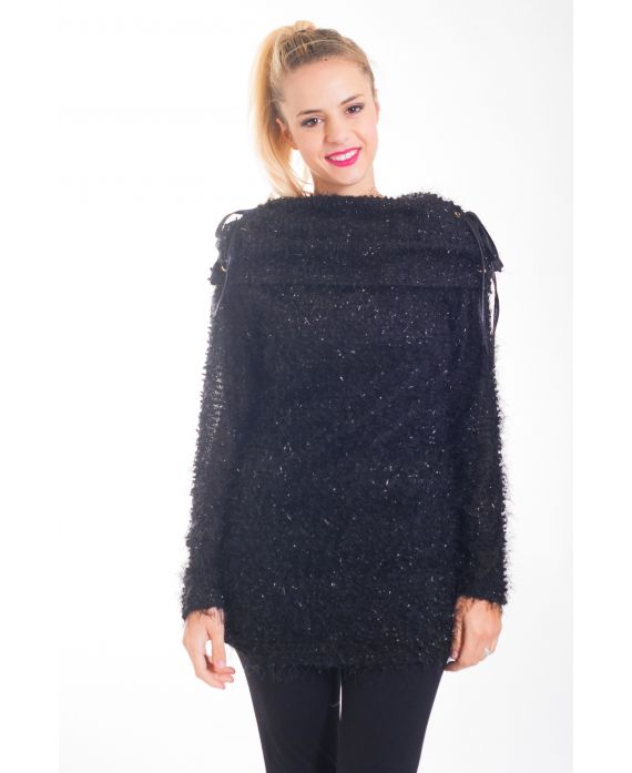 PULL EFFET BRILLANT COL A LACETS 4433 NOIR