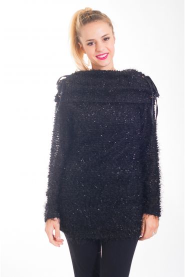 PULL EFFET BRILLANT COL A LACETS 4433 NOIR