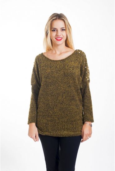 PULL PERLES DOS OUVERT 4441 MOUTARDE